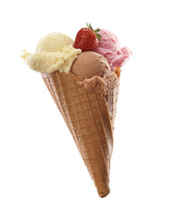 Chocolate vanilla and strawberry ice cream cone isolated on transparent layered background.