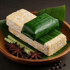 fresh homemade tempeh wrapped with banana leaves in wooden plate