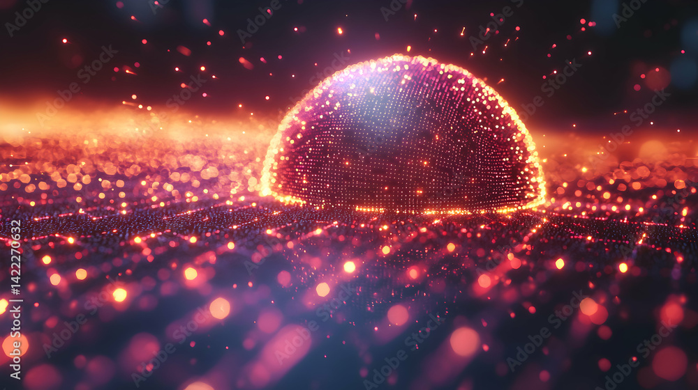 Poster an abstract digital art piece. glowing dots and a shimmering dome form a futuristic ethereal scene. 
