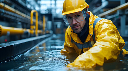 Environmental engineer in protective clothing collecting water samples at a treatment plant for testing