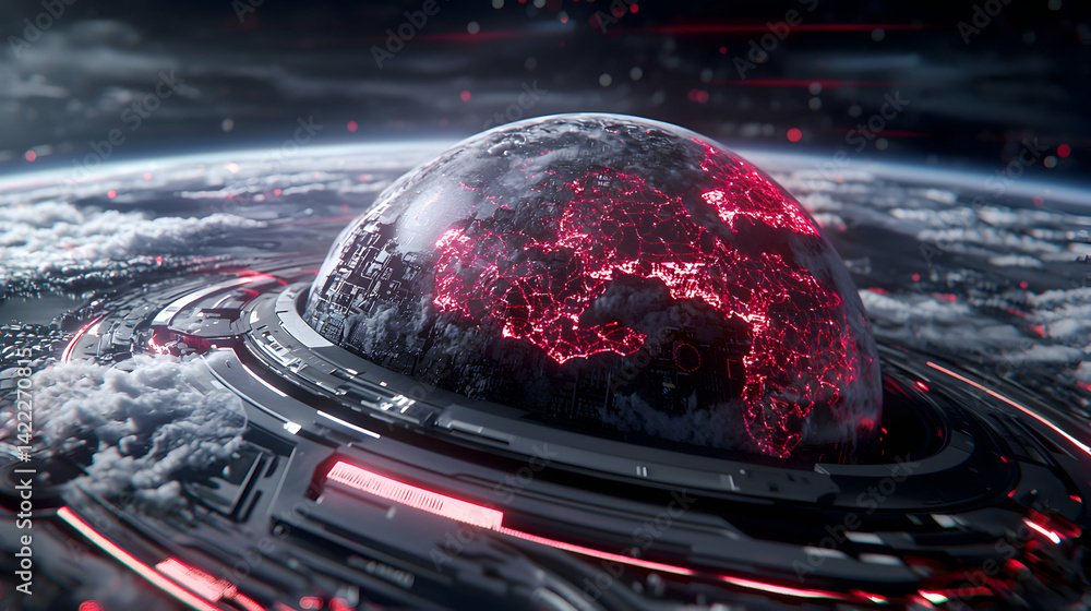 Poster a futuristic depiction of earth encased in a technological shell with glowing red networks highlight