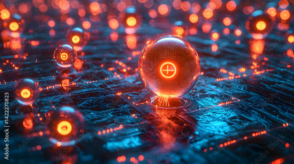 Poster a futuristic depiction of interconnected spheres illuminated by red light. suggests advanced technol