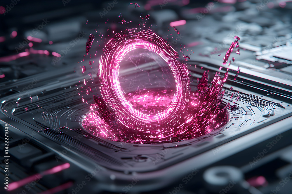 Aufkleber a vibrant digital artwork showcasing a glowing pink portal-like effect on a tech circuit board. suit