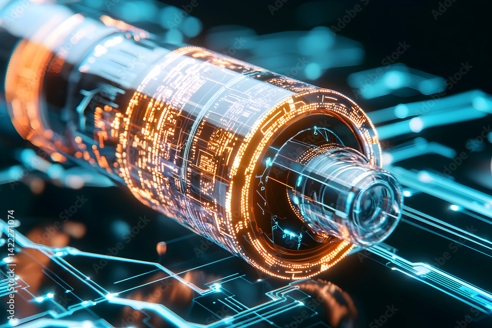Poster a futuristic digital art piece showing a cylindrical device glowing with circuit patterns. suggests 