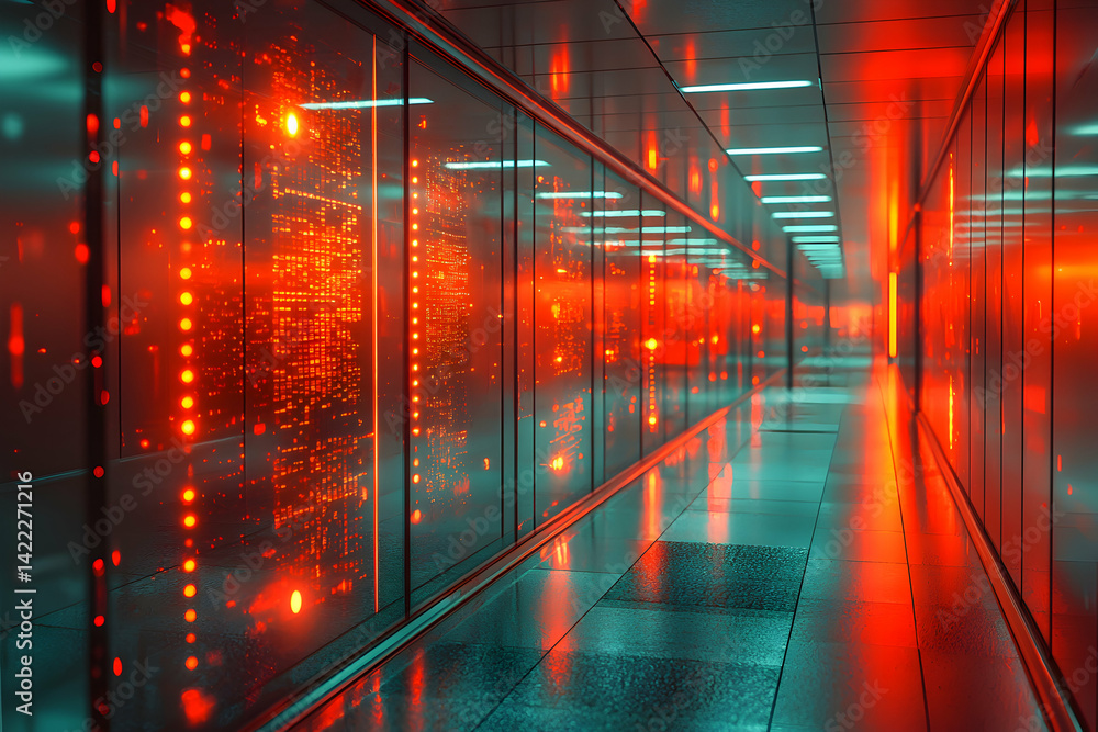 Aufkleber a data center hallway glows with red and teal light. ideal for tech company websites or futuristic d