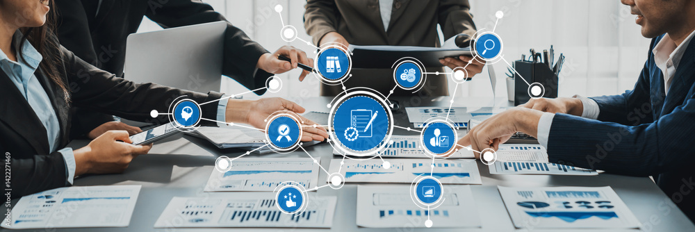 Poster a diverse business team collaborates around a conference table with digital devices and analytics, e