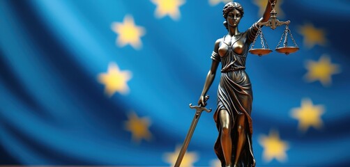 Bronze statue of Lady Justice with scales, sword against European Union flag background. Justice concept. Law fairness, legal system, court, Europe, judicial process. Legal concept, law, order,