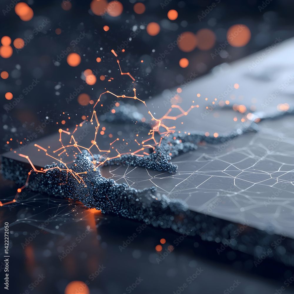 Aufkleber abstract digital art featuring glowing orange particles and interconnected lines. suggests technolog