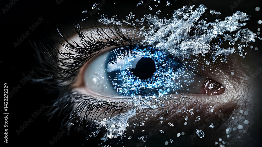 Poster a close-up view of an eye with a futuristic design. the iris is filled with digital elements suggest
