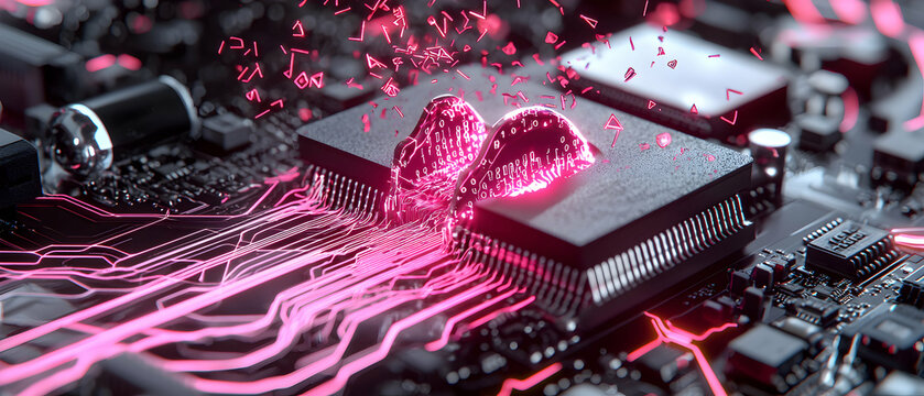 An artistic depiction of a computer processor. Pink glowing circuits and data elements. Suitable for tech or futuristic themes or conceptual designs. - Powered by Adobe