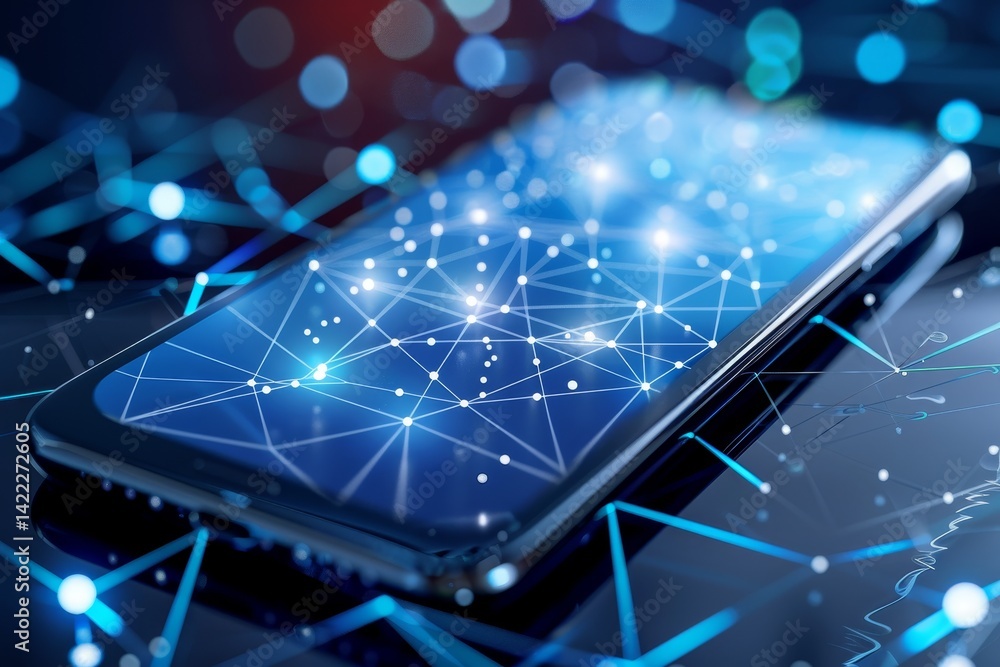 Aufkleber a phone screen shows interconnecting points, symbolizing connectivity and topaz, an abstract represe