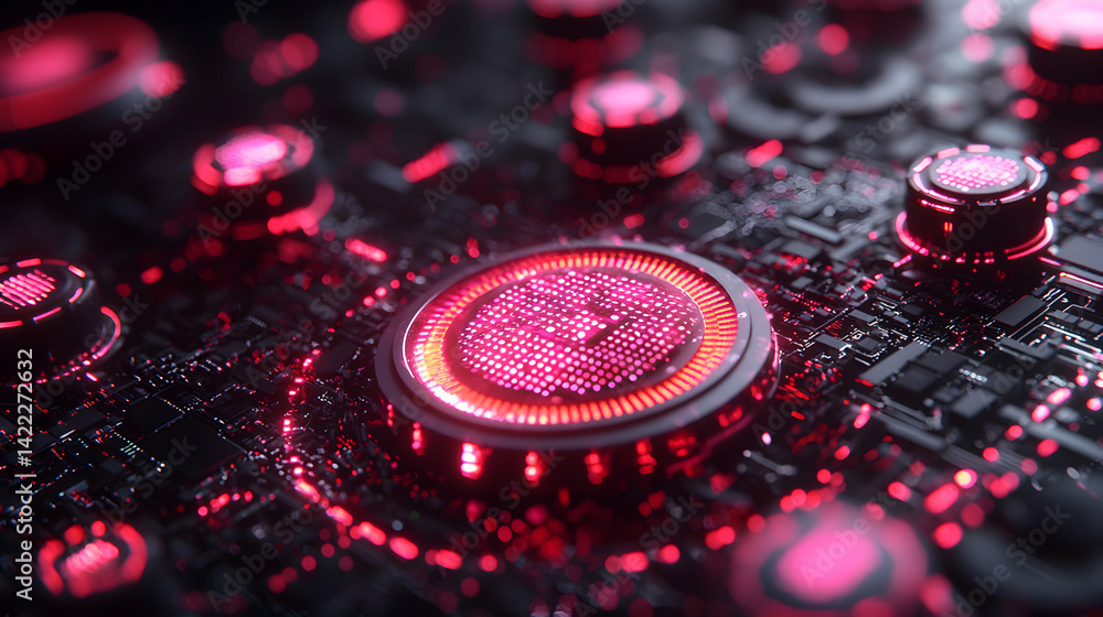Aufkleber this image showcases a futuristic circuit board design with glowing red accents. it could be used as