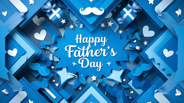 Stylish festive Father's Day 3D art greeting card design featuring vibrant blue background decorated 3D paper-cut elements mustaches ties gift boxes stars hearts confetti for joyful celebration theme - Powered by Adobe