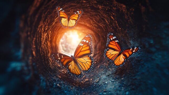 Fototapeta Butterflies emerging from tunnel towards sunset