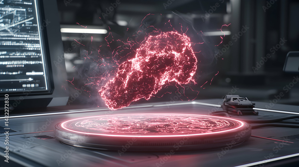 Poster a futuristic tech scene features a glowing red energy form levitating above a circular platform. it 