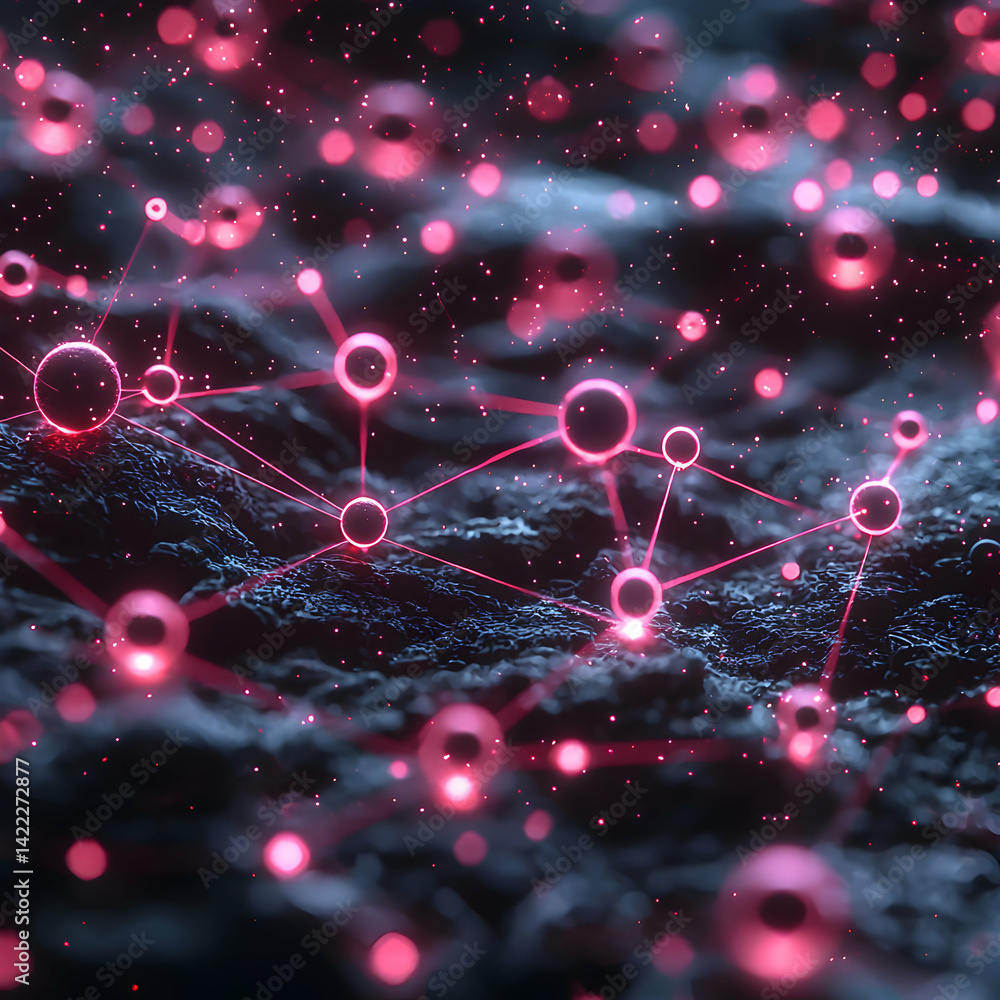 Poster abstract illustration of glowing pink connected spheres on a textured dark background. suitable for 
