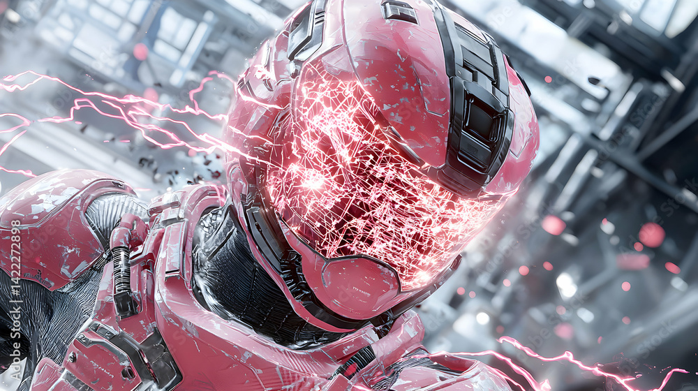 Poster Futuristic armored figure experiencing a powerful energy surge. Image suggests an action sequence within a sci-fi game or animated movie. Use this for exciting visuals.