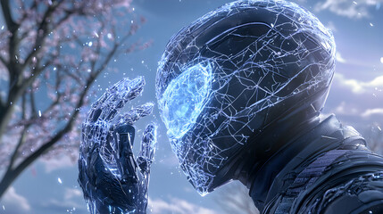 Mysterious figure with a glowing hand and face. Suggesting a futuristic hero. Concept art for video games or comics.