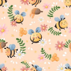 Seamless pattern of cute cartoon bees with blue wings on a light orange background. These bees are nestled among pink and white flowers, green branches and small honeycombs.