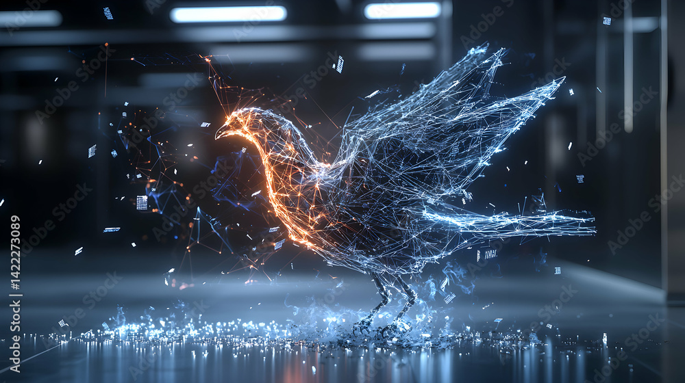 Poster a digital dove rendered with glowing lines. suggests data transformation or ai. it could be used as 
