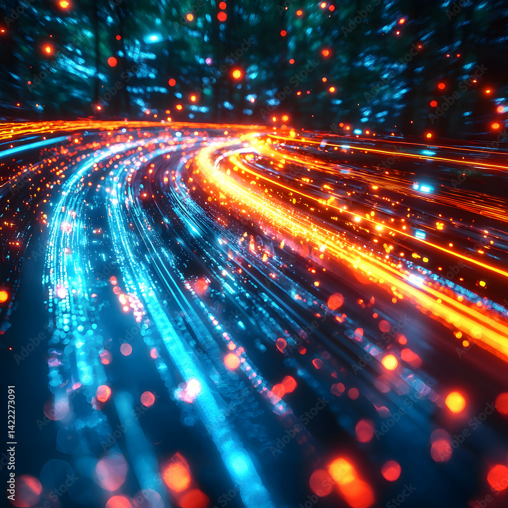Aufkleber abstract digital data flow illustration with vibrant blue and orange light trails through a dark for