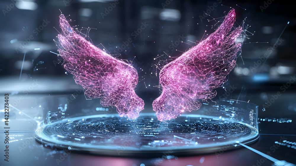 Poster Abstract digital art featuring glowing wings. Suggests data connection transformation or virtual reality. Possible use for tech promotion or game design.