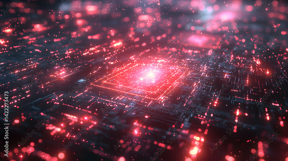 Poster a futuristic image of a circuit board glowing with red light. suitable for tech-themed presentations