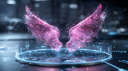 Abstract digital art featuring glowing wings. Suggests data connection transformation or virtual reality. Possible use for tech promotion or game design.