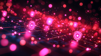 A futuristic digital artwork featuring glowing pink and red lights creating a dynamic abstract design perfect for tech presentations or digital art backgrounds.