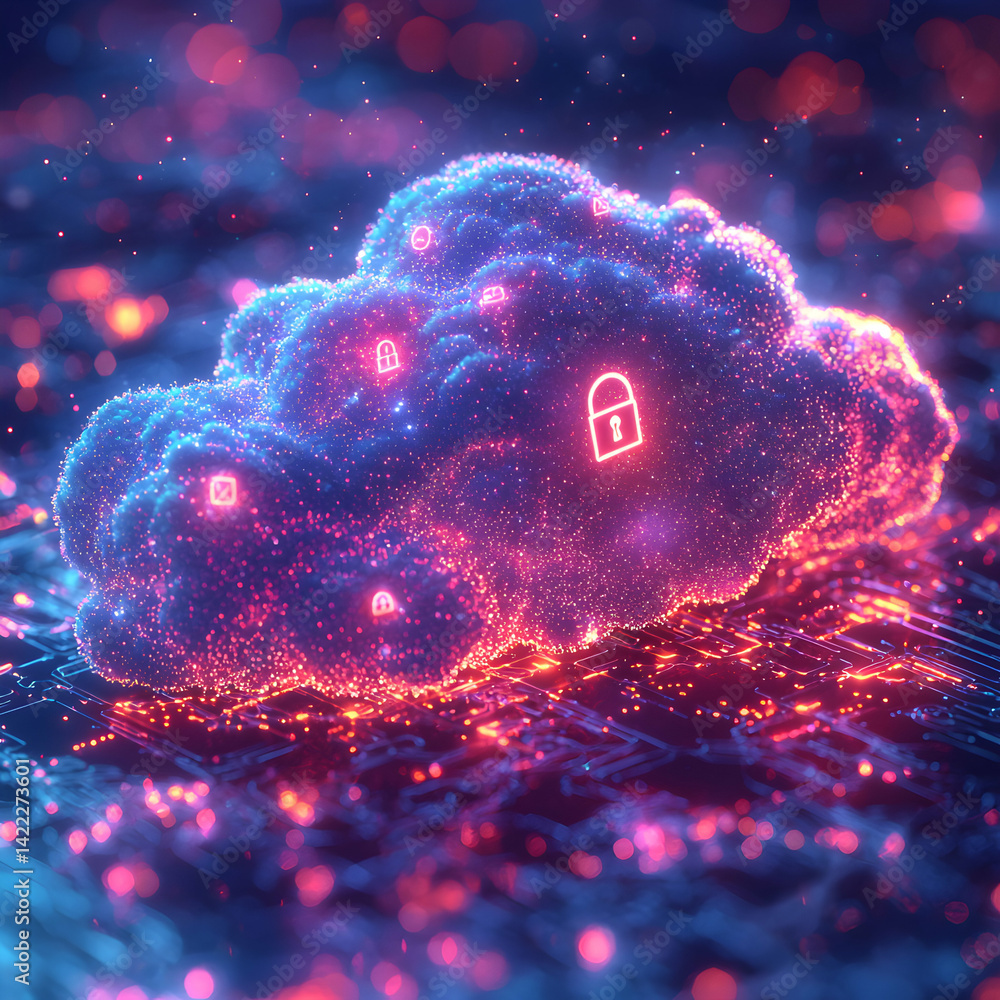 Poster a digital art piece showcasing a cloud with a lock symbol. it represents data security storage and p