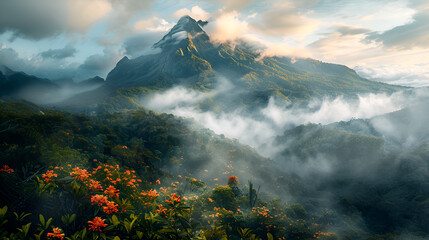 Fototapeta premium Mountain peak shrouded in mist with vibrant flowers in the foreground under a cloudy sky view scene .