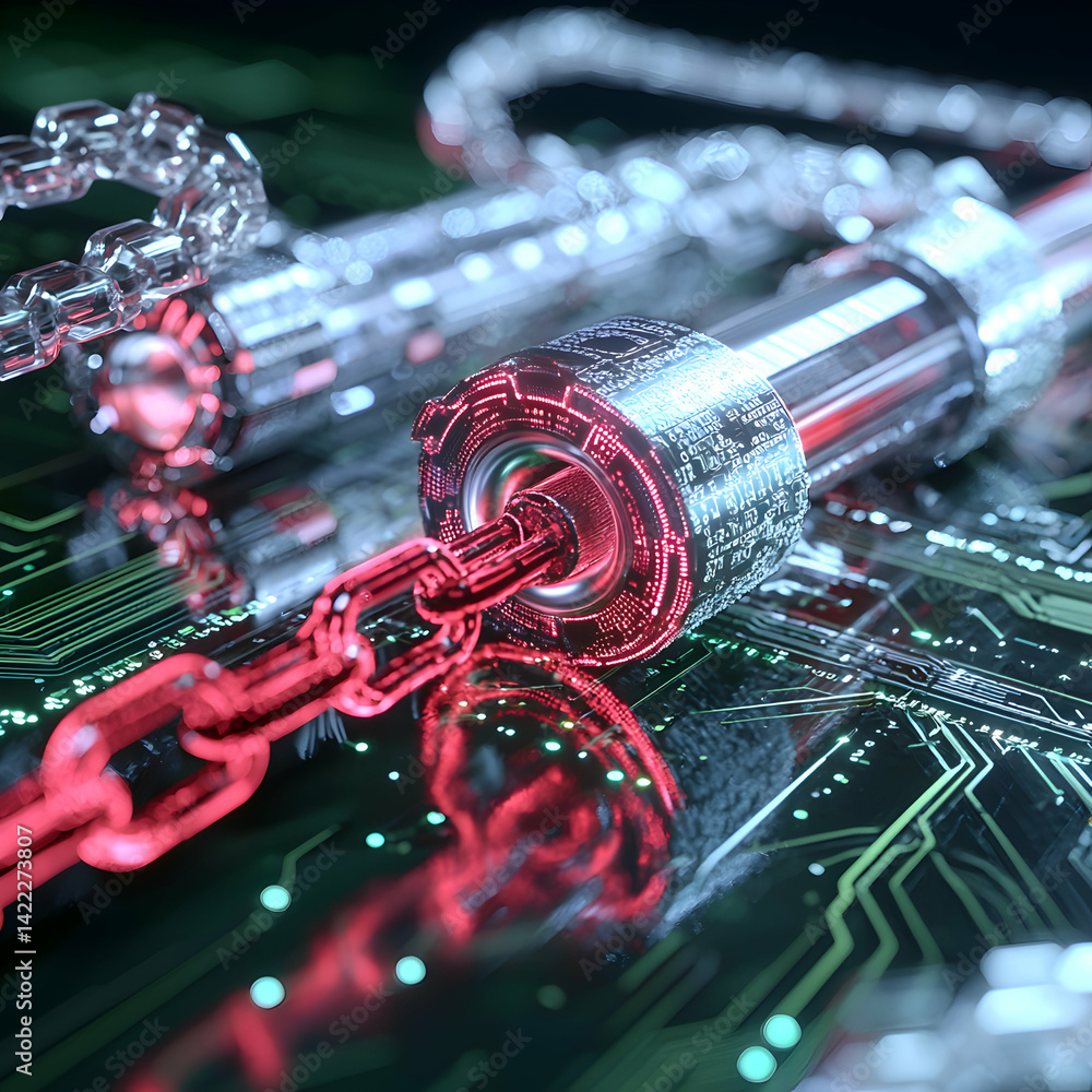 Poster a stylized digital artwork featuring illuminated metal chains and cylindrical connectors on a circui