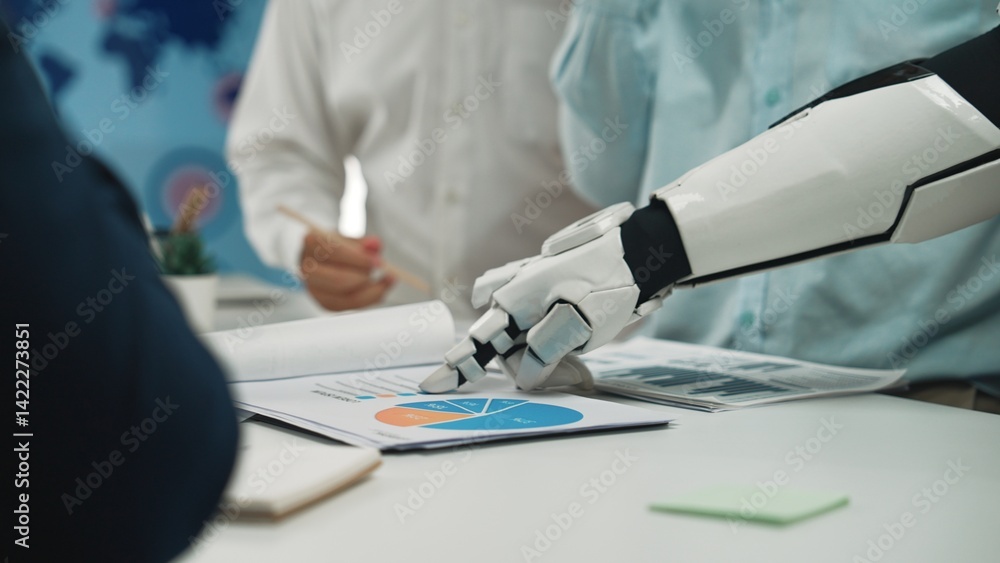 Poster a robotic arm points at colorful charts and graphs, highlighting the fusion of technology and human 