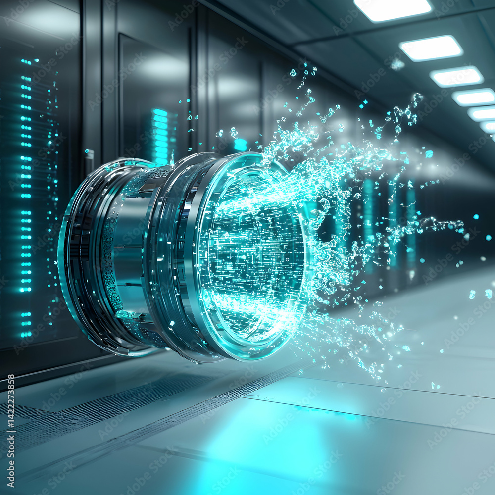 Aufkleber an abstract depiction of data transfer in a server room. suggests high-speed digital communication. 