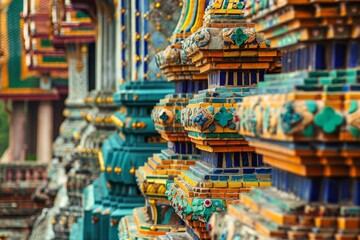 Obraz premium Detailed view of ornate columns with colorful topaz mosaic in a traditional Thai temple, Ancient temples with ornate stonework and colorful tiled roofs