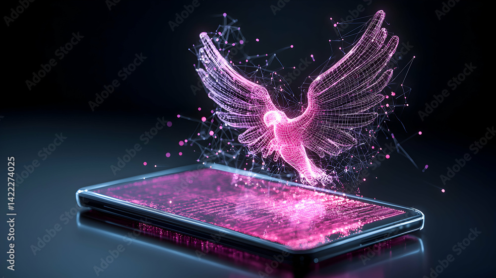 Poster a digital rendering of a dove emanating from a smartphone. ideal for tech company presentations or m