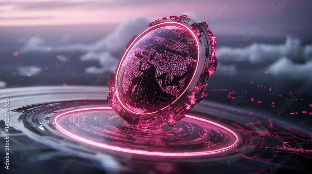 Poster a futuristic digital globe displays the world with glowing pink light and abstract shapes. it could 