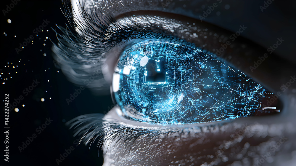 Poster a futuristic eye with digital circuits. this image could be used for tech presentations science fict