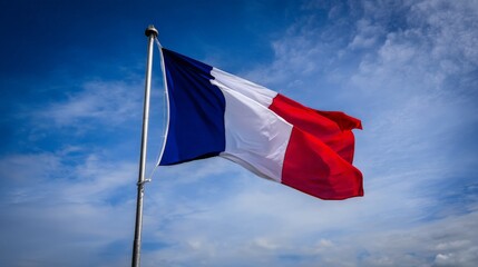 French flag waving against a clear blue sky with clouds