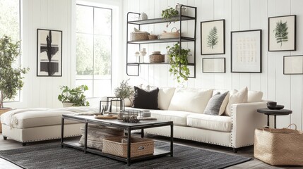 Fototapeta premium Modern sectional sofa in bright living room, plants, shelves