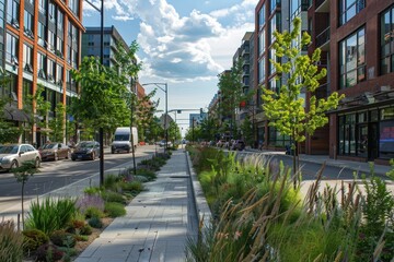 A view of a modern city street with lush greenery and integrated green infrastructure, A reimagined urban streetscape with integrated green infrastructure and pedestrian-friendly design