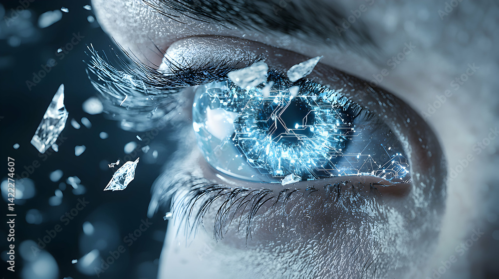 Poster digital eye with a circuit board design suggesting technological advancement and cybernetic integrat