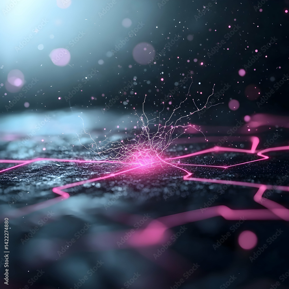 Poster abstract digital art with glowing pink lines and a central burst suggesting data flow or energy tran