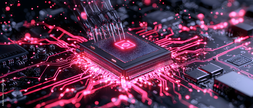 Aufkleber futuristic circuit board with glowing red pathways and a central processor. ideal for technology pre