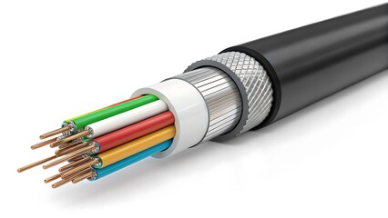 Fiber Optic Cable: A detailed cross-section of a modern fiber optic cable, showcasing its intricate internal structure. The image highlights its core components in high resolution and detail.