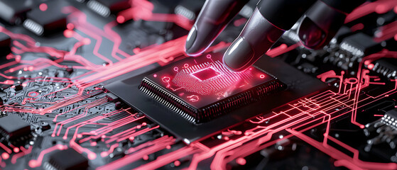 A futuristic image of a hand touching a glowing circuit board. Perfect for tech presentations software and data analysis concepts or web design related projects.