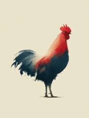 Side view of a rooster standing proudly against a pale background, with bold red and dark blue feathers blending like watercolor paint