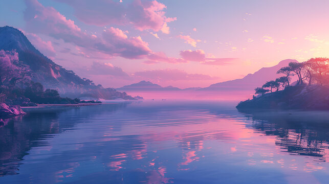 A serene landscape featuring a calm lake reflecting a pink and purple sunset with mountains and trees .