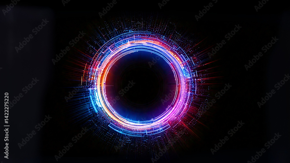 Poster a glowing, circular digital design, creating a mesmerizing display with bright colors