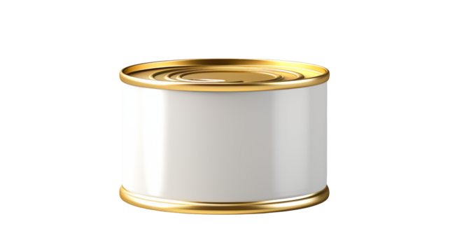 Close up of a white metal can with gold trim on a black background studio shot isolated on transparent background